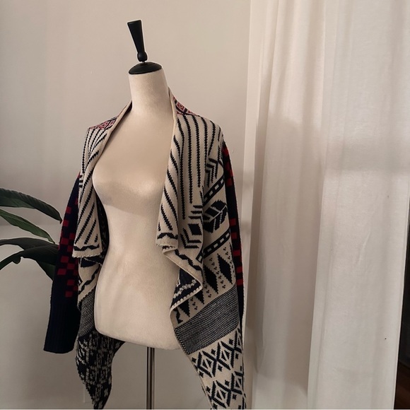 𝅺Double Zero Southwestern Knit Red Navy Blue Open Front Slouchy Chunky Cardigan - Picture 2 of 9